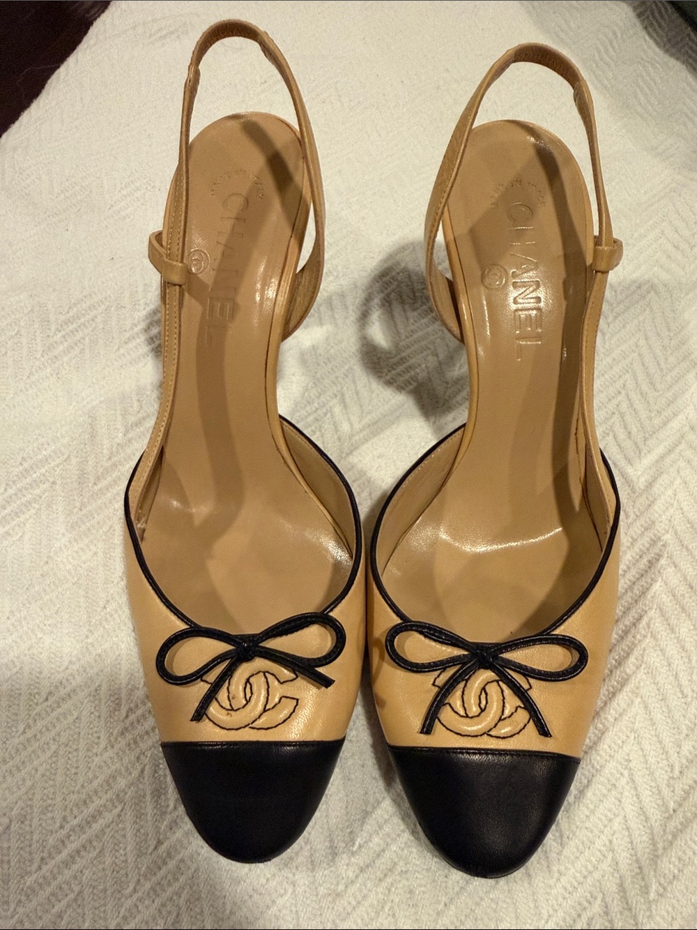CHANEL Beige Leather Slingback Pumps with Black Cap Toe